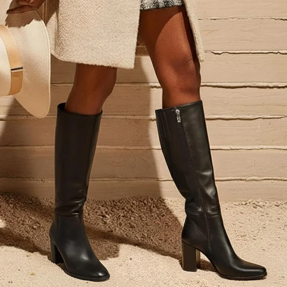 Women's Black Knee High Boots Round Toe Side Zip Chunky Heel Boots Rubber